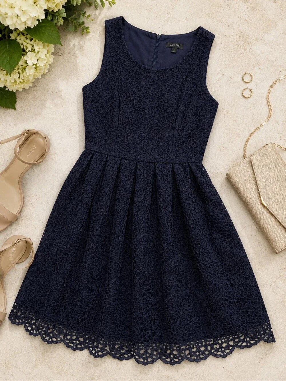 J.Crew Navy Lace Fit & Flare Dress Size 6 Sleeveless Scalloped Cocktail Wedding